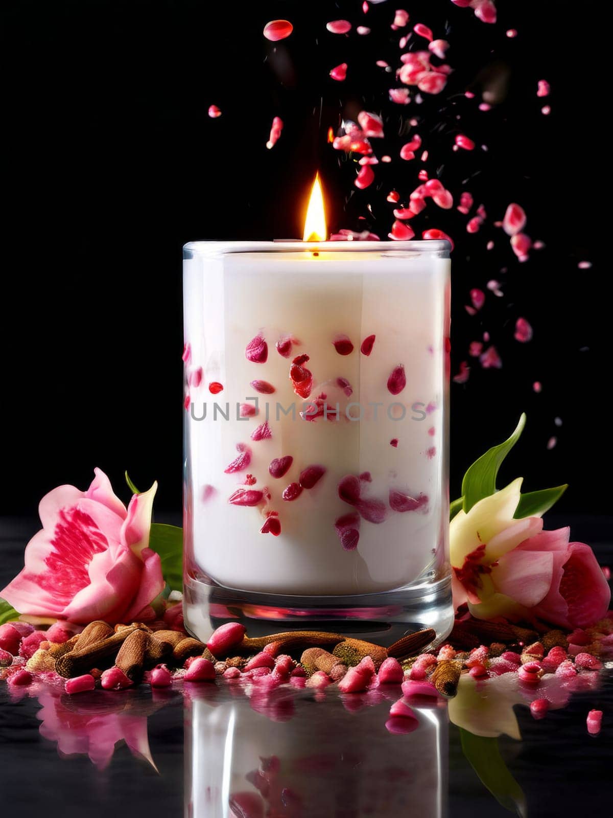 Inviting candle scene with colorful flower petals, citrus slices, and spices. Captures essence of relaxation, ideal for promoting wellness, spa experiences, and home ambiance