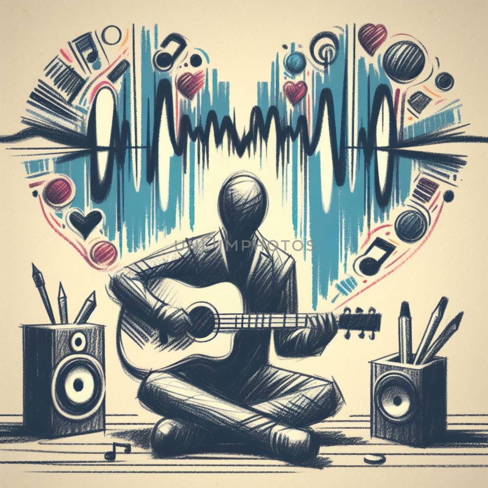 Vibrant handdrawn illustration of a musician strumming a guitar, surrounded by a dynamic mix of musical symbols and sound waves