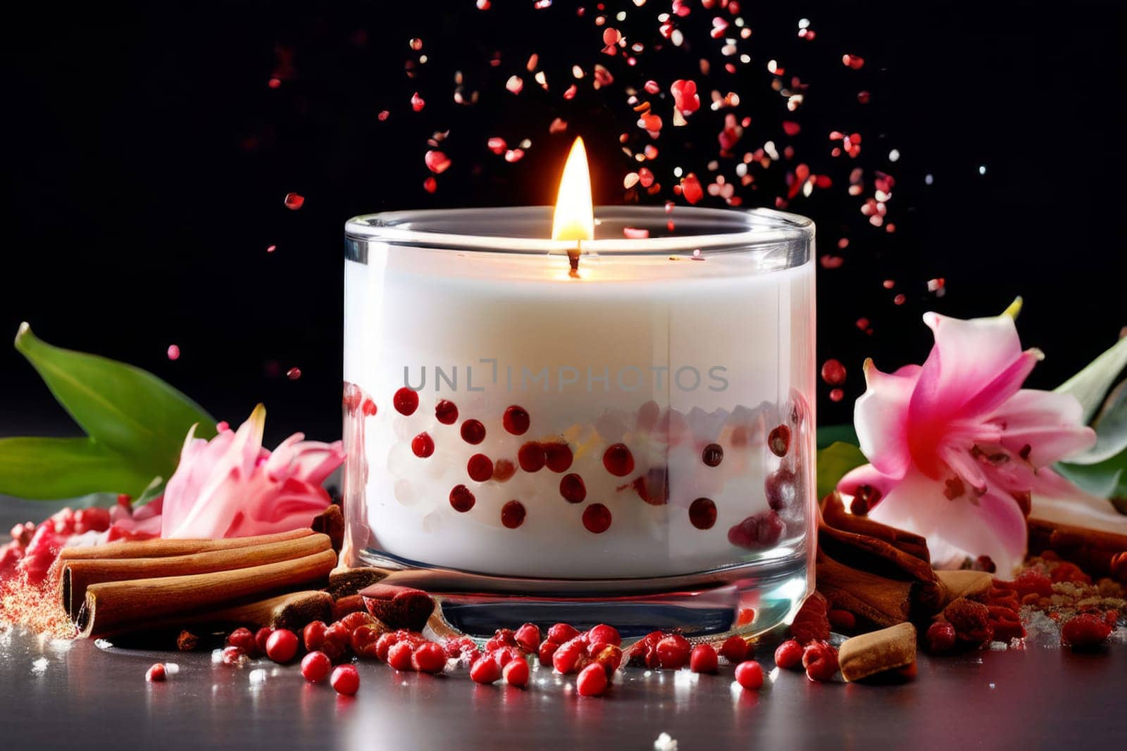 Soothing candle with colorful petals, fruits, and spices evokes warmth and comfort. Perfect for enhancing relaxation, spa experiences, and cozy home environments
