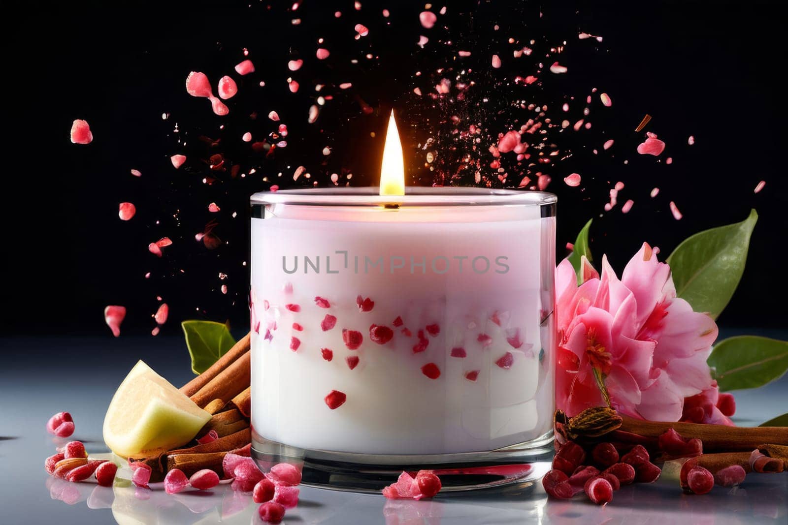 Soothing candle with colorful petals, fruits, and spices evokes warmth and comfort. Perfect for enhancing relaxation, spa experiences, and cozy home environments