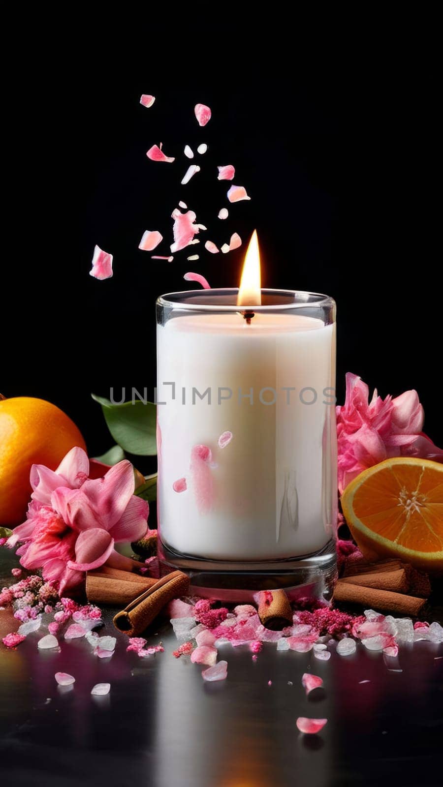 Soothing candle with colorful petals, fruits, and spices evokes warmth and comfort. Perfect for enhancing relaxation, spa experiences, and cozy home environments