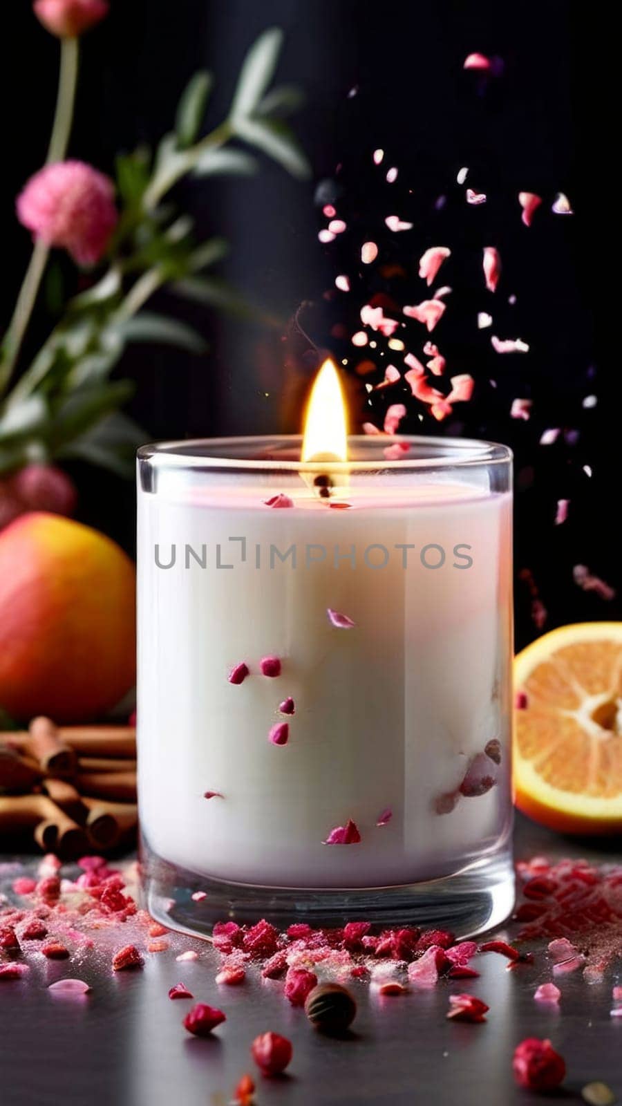 Soothing candle with colorful petals, fruits, and spices evokes warmth and comfort. Perfect for enhancing relaxation, spa experiences, and cozy home environments
