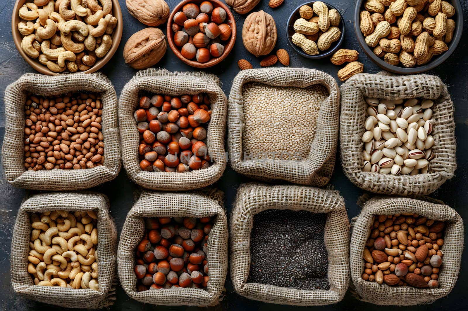 A variety of nuts and seeds in bags on a table, showcasing natural foods and ingredients for cuisine. A display of whole foods at a local market, promoting superfoods in a public space