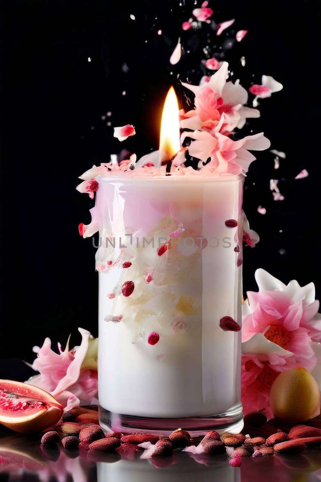 Soothing candle with colorful petals, fruits, and spices evokes warmth and comfort. Perfect for enhancing relaxation, spa experiences, and cozy home environments