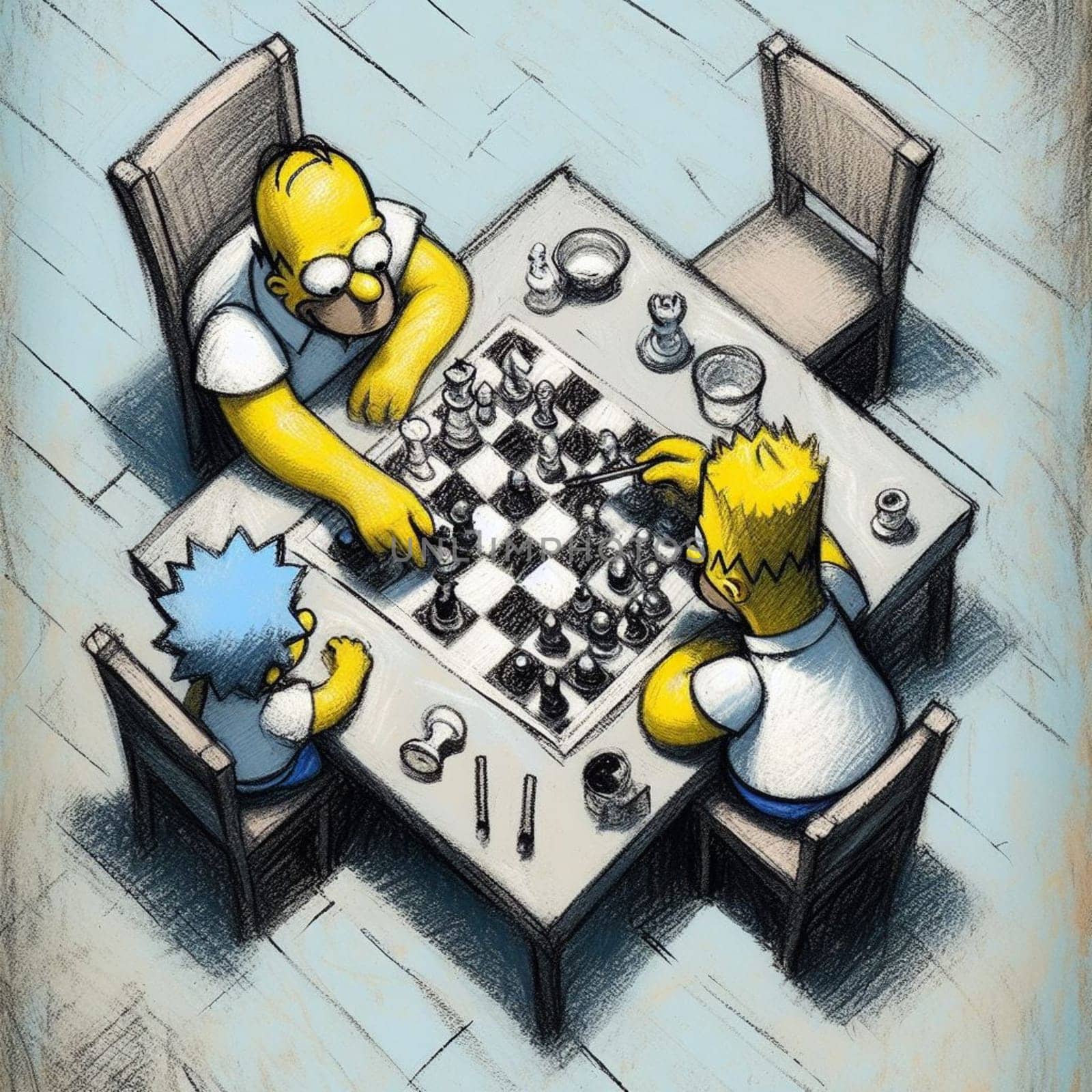 Illustration of a cartoon family engaged in a strategic game of chess, displaying bonding and concentration
