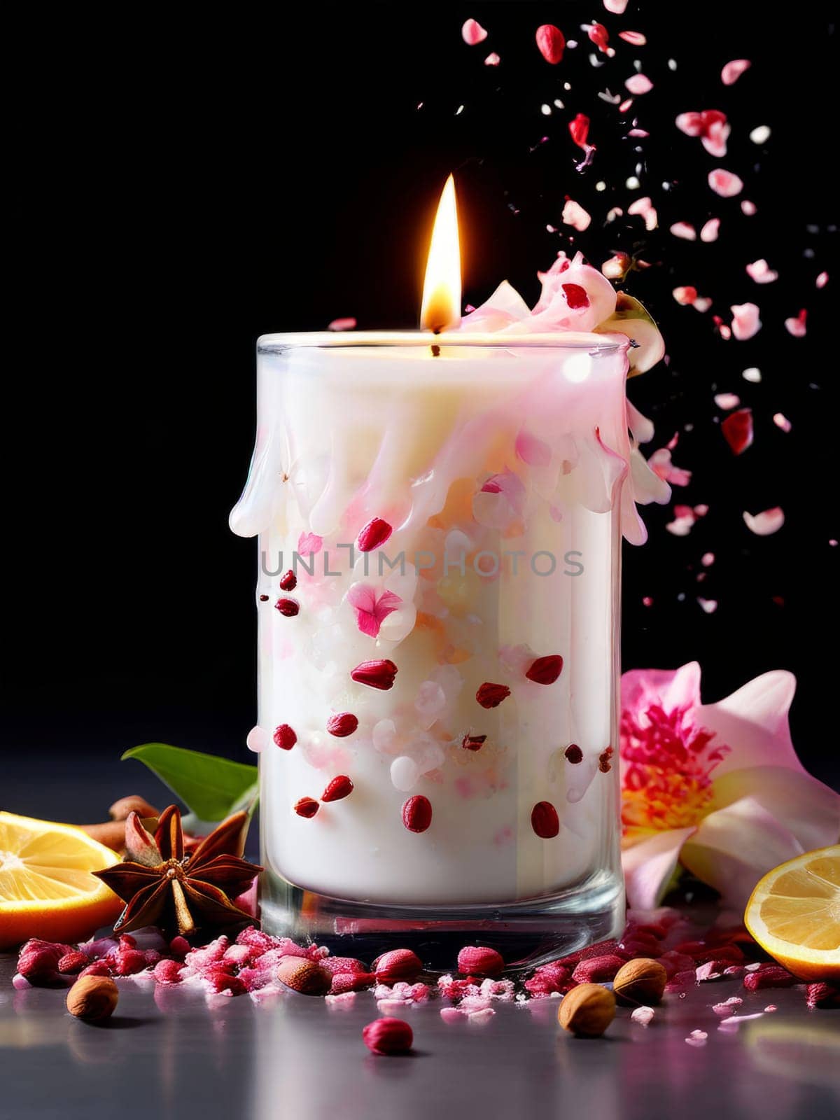 Soothing candle with colorful petals, fruits, and spices evokes warmth and comfort. Perfect for enhancing relaxation, spa experiences, and cozy home environments