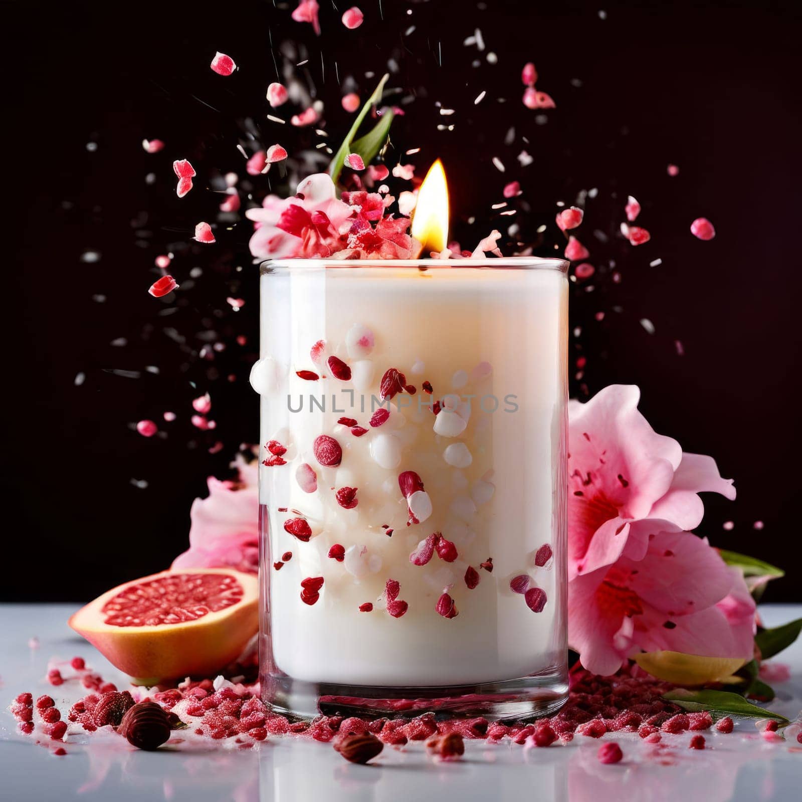 Soothing candle with colorful petals, fruits, and spices evokes warmth and comfort. Perfect for enhancing relaxation, spa experiences, and cozy home environments