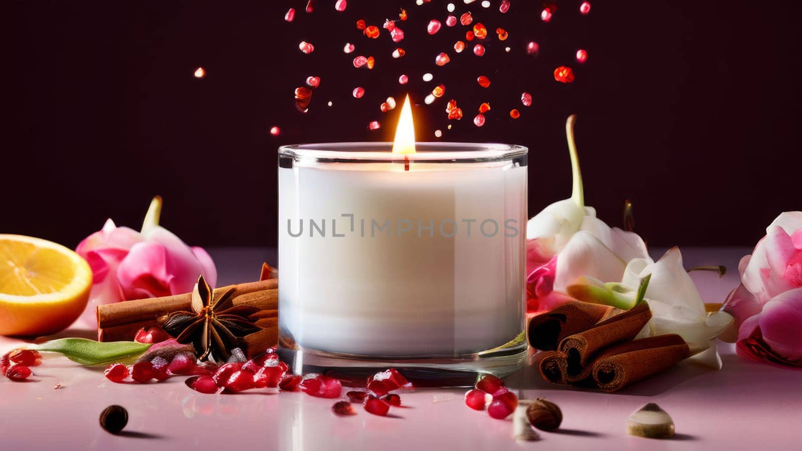Tranquil candle setting with flower petals, fresh fruits, and aromatic spices. Captures essence of serenity, ideal for wellness promotions and inviting home decor