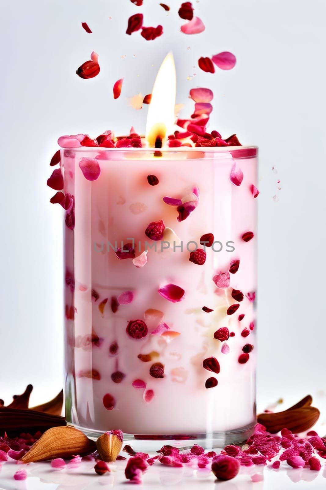 Tranquil candle setting with flower petals, fresh fruits, and aromatic spices. Captures essence of serenity, ideal for wellness promotions and inviting home decor