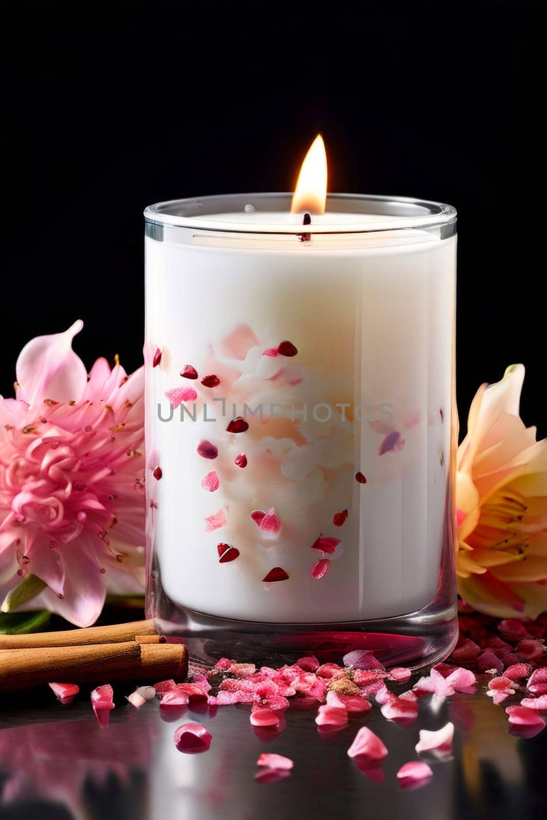 Tranquil candle setting with flower petals, fresh fruits, and aromatic spices. Captures essence of serenity, ideal for wellness promotions and inviting home decor