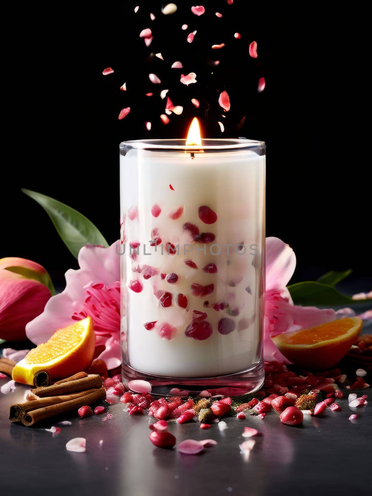 Tranquil candle setting with flower petals, fresh fruits, and aromatic spices. Captures essence of serenity, ideal for wellness promotions and inviting home decor