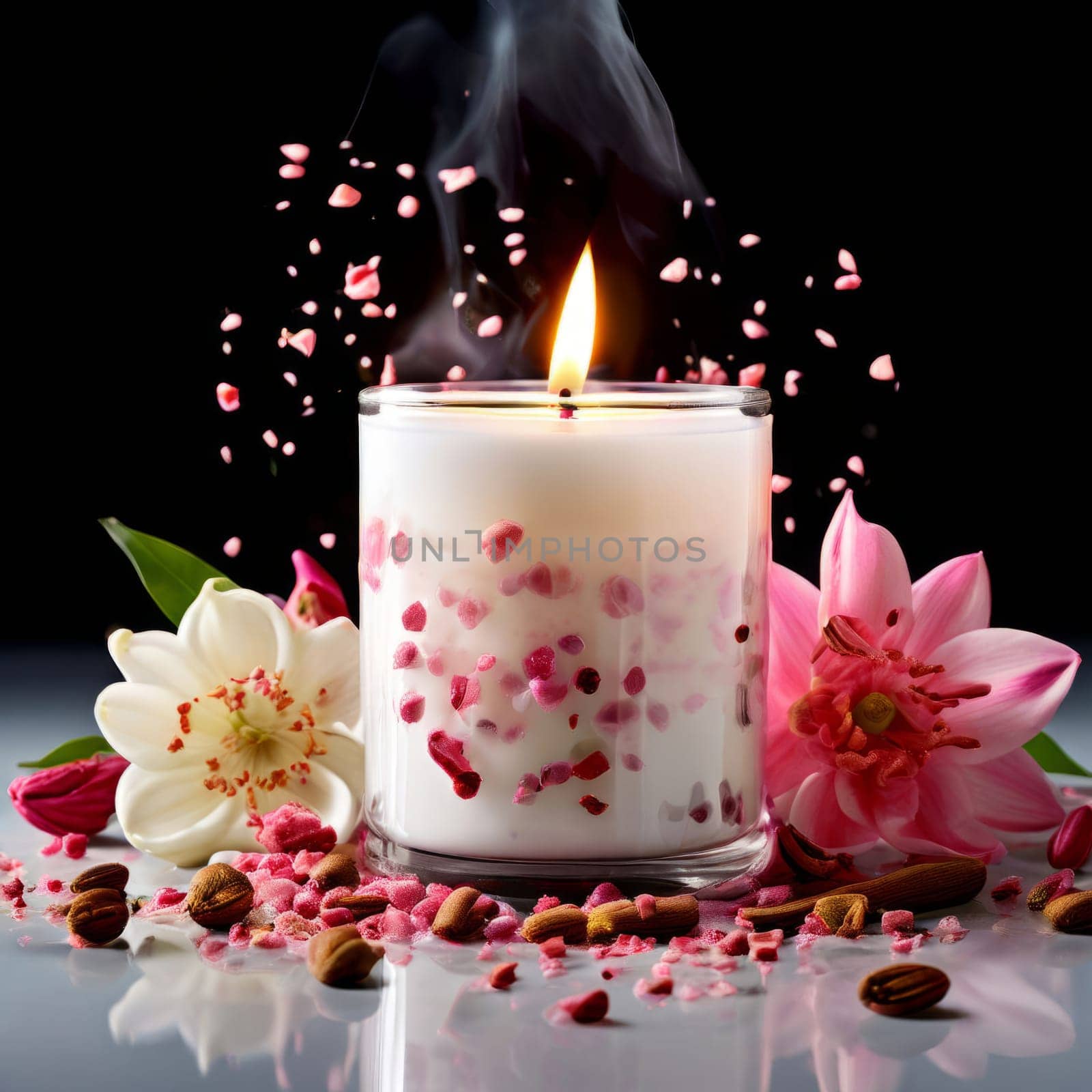 Tranquil candle setting with flower petals, fresh fruits, and aromatic spices. Captures essence of serenity, ideal for wellness promotions and inviting home decor
