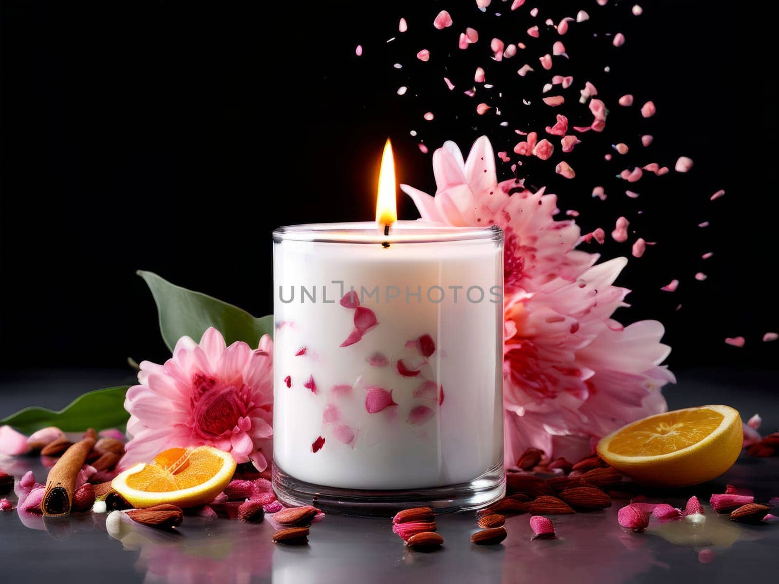 Peaceful candle scene featuring vibrant petals, fresh apple, and citrus slices. Great for promoting relaxation, wellness, and cozy home environments