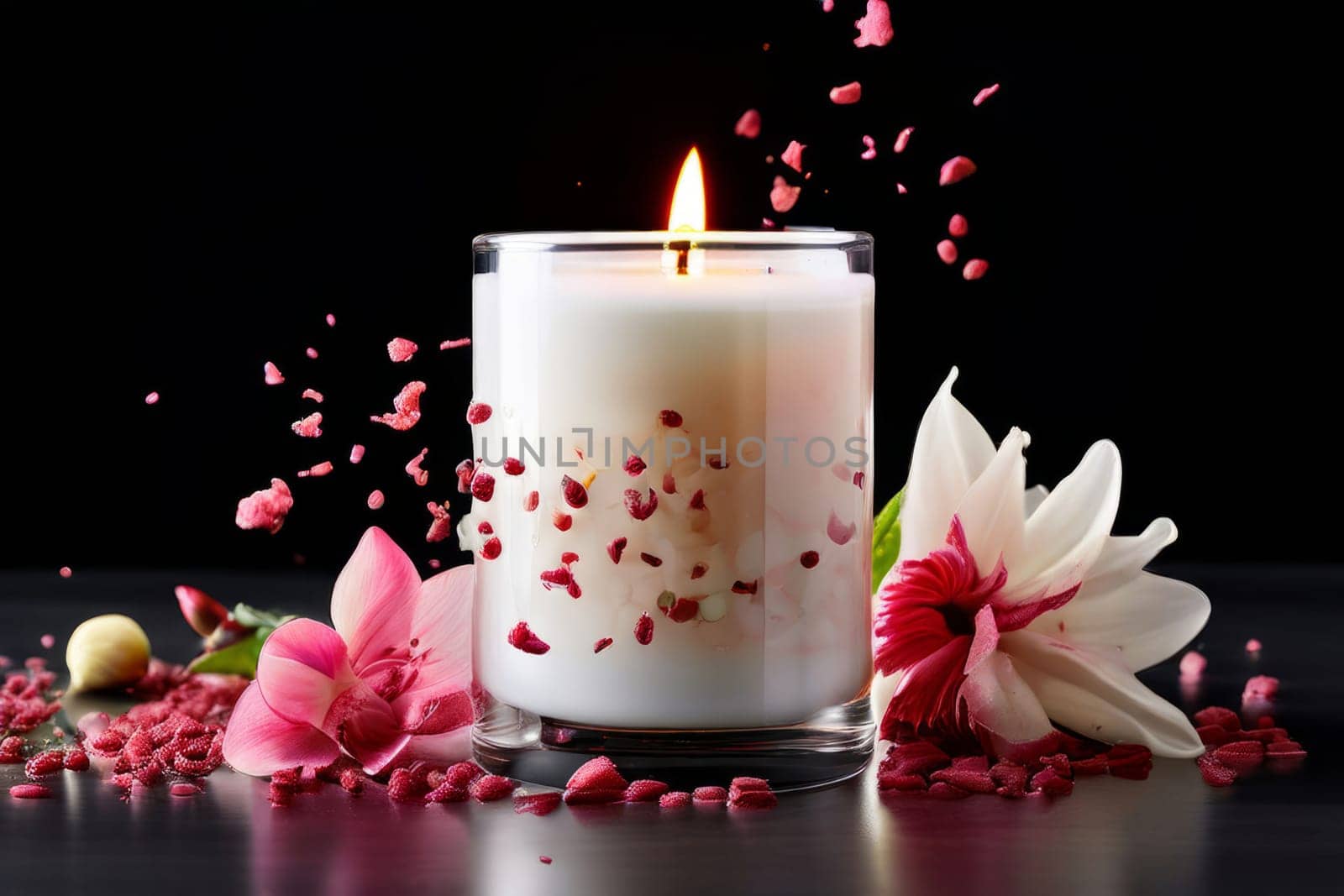 Peaceful candle scene featuring vibrant petals, fresh apple, and citrus slices. Great for promoting relaxation, wellness, and cozy home environments