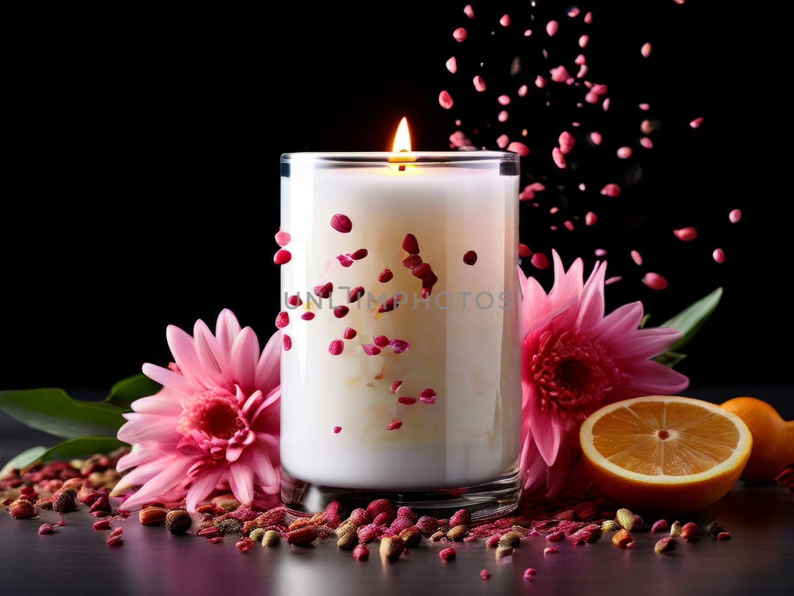 Peaceful candle scene featuring vibrant petals, fresh apple, and citrus slices. Great for promoting relaxation, wellness, and cozy home environments