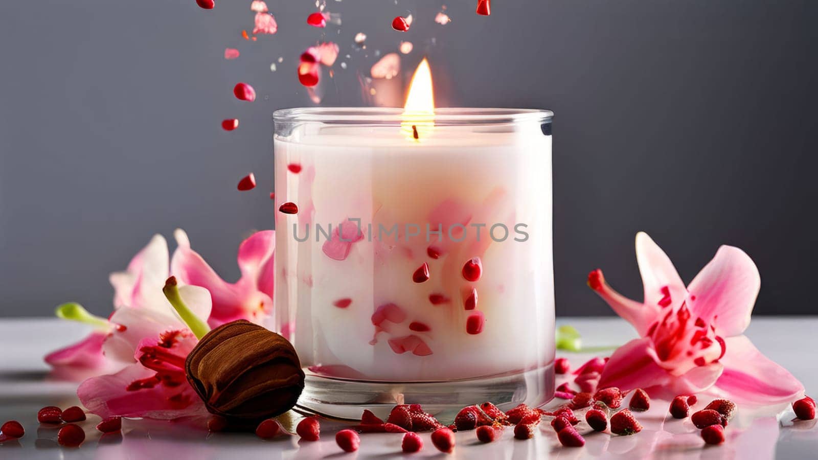 Peaceful candle scene featuring vibrant petals, fresh apple, and citrus slices. Great for promoting relaxation, wellness, and cozy home environments
