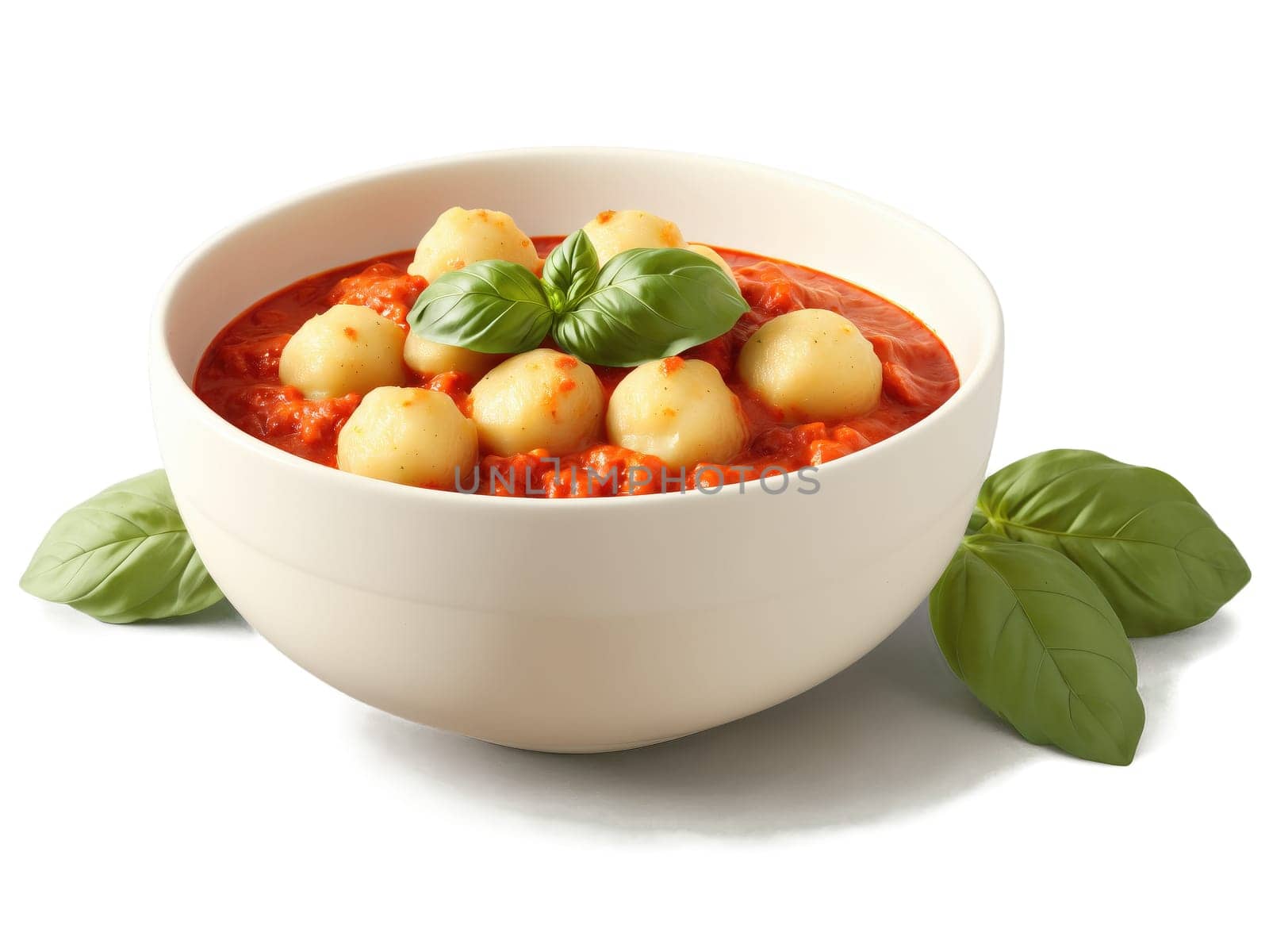 Gnocchi Italy Pillowy potato dumplings in rich tomato sauce with fresh basil and parmesan in rustic ceramic bowl, transparent..