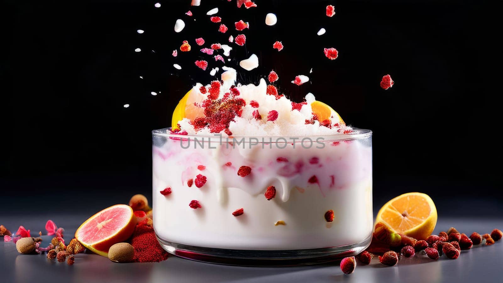 Inviting candlelight surrounded by vibrant flower petals, fresh citrus, and spices. Captures essence of tranquility, ideal for wellness and home decor