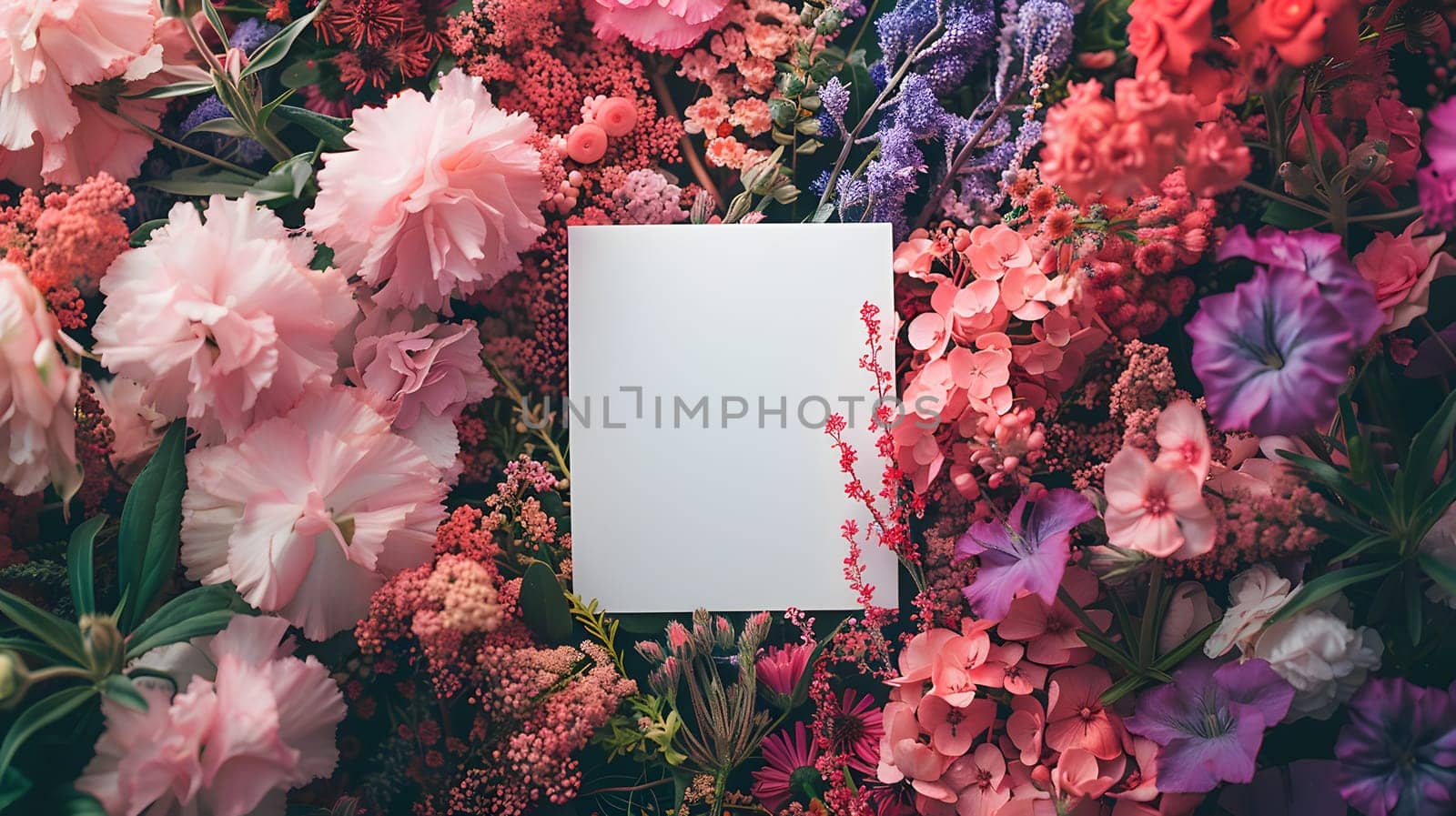 A white card stands out amidst a vibrant display of colorful flowers, including various shades of pink, magenta, and green plants creating a stunning contrast of colors in a natural setting
