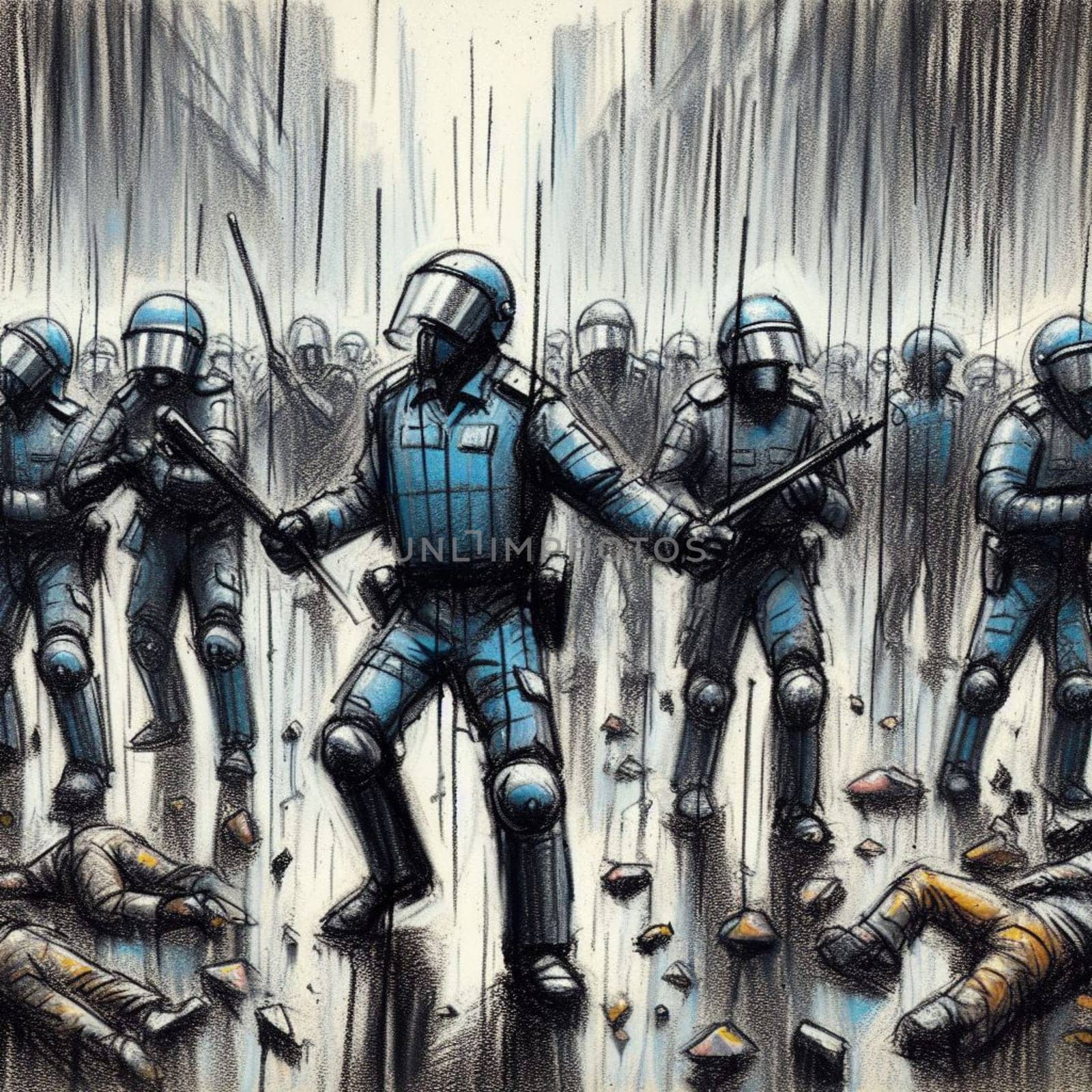 Illustration of armored riot police with batons during a tense urban confrontation
