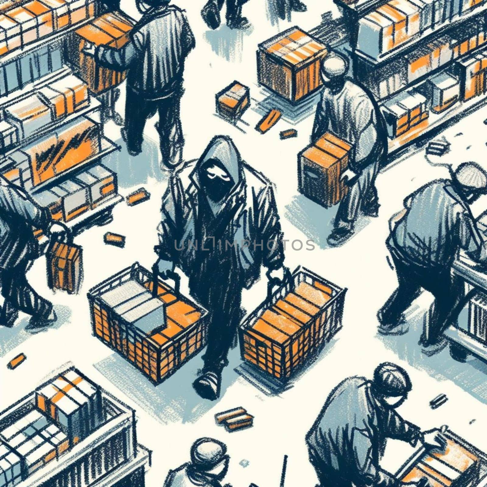 Illustration of warehouse workers handling a variety of cargo boxes with a stylized touch