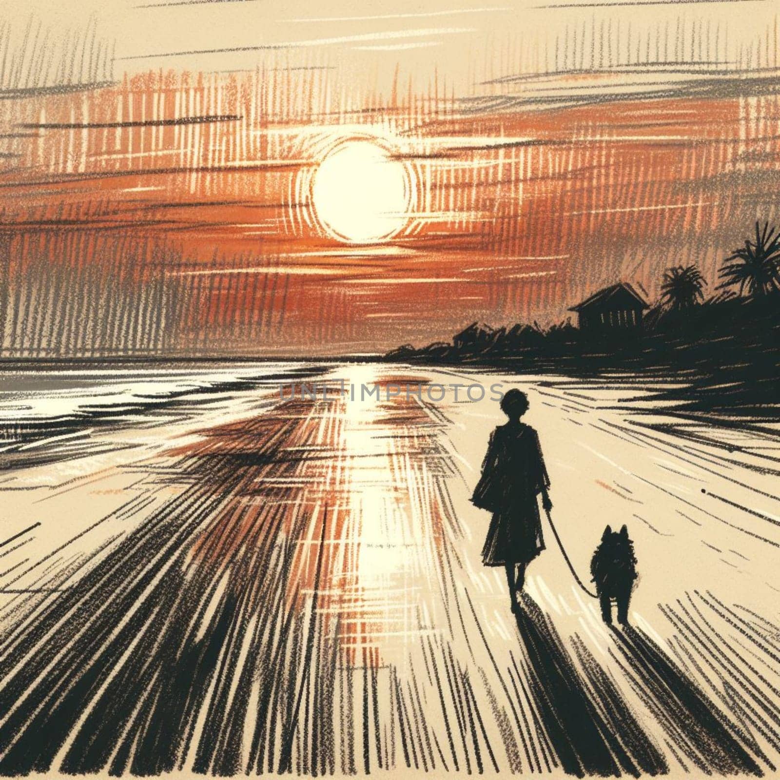 A woman and her dog are walking on a beach at sunset. The sky is orange and the sun is setting. The woman is wearing a dress and the dog is on a leash