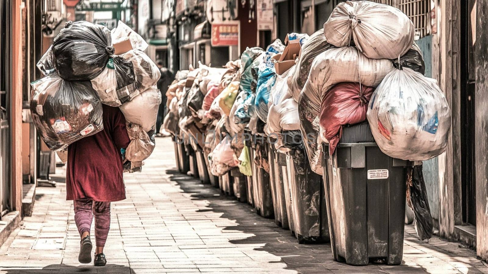 Woman is carrying a large bag of garbage or recycling down a city street. Overflowing garbage bins line the sides of the street