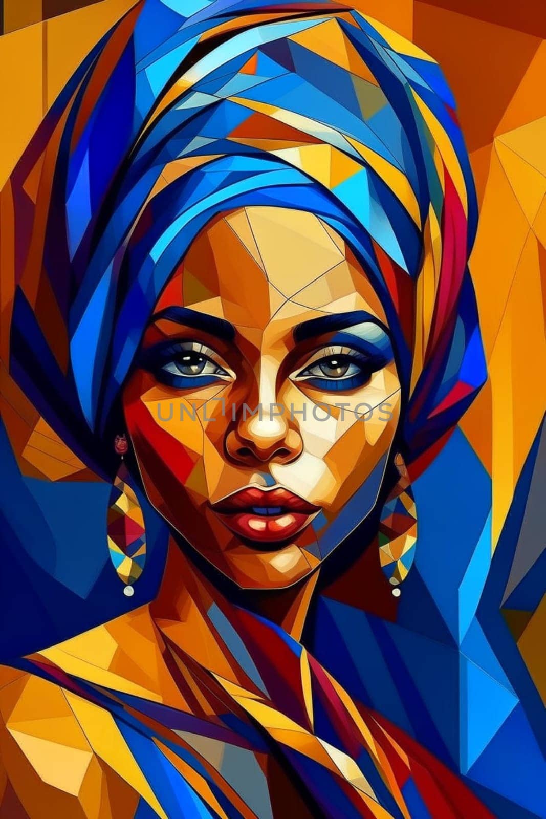 Colorful digital portrait of an african woman featuring geometric patterns