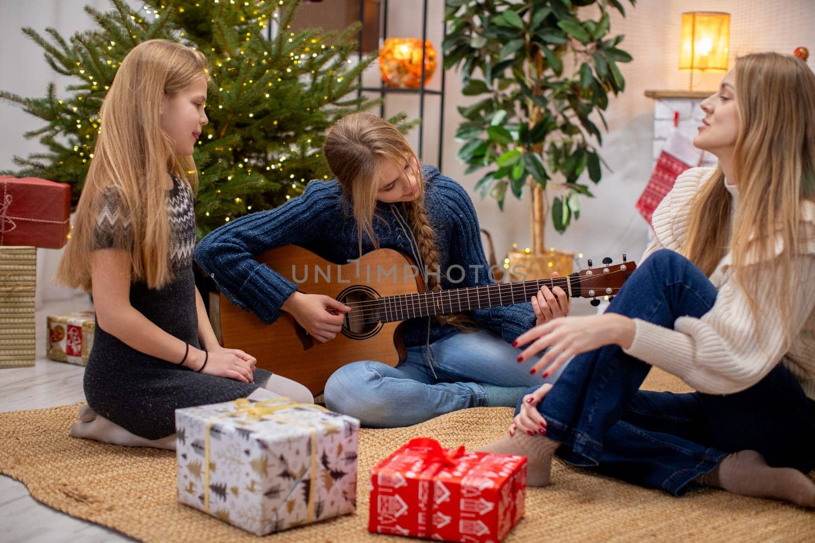 A warm and cozy family scene filled with music, joy, and togetherness during the festive holiday season