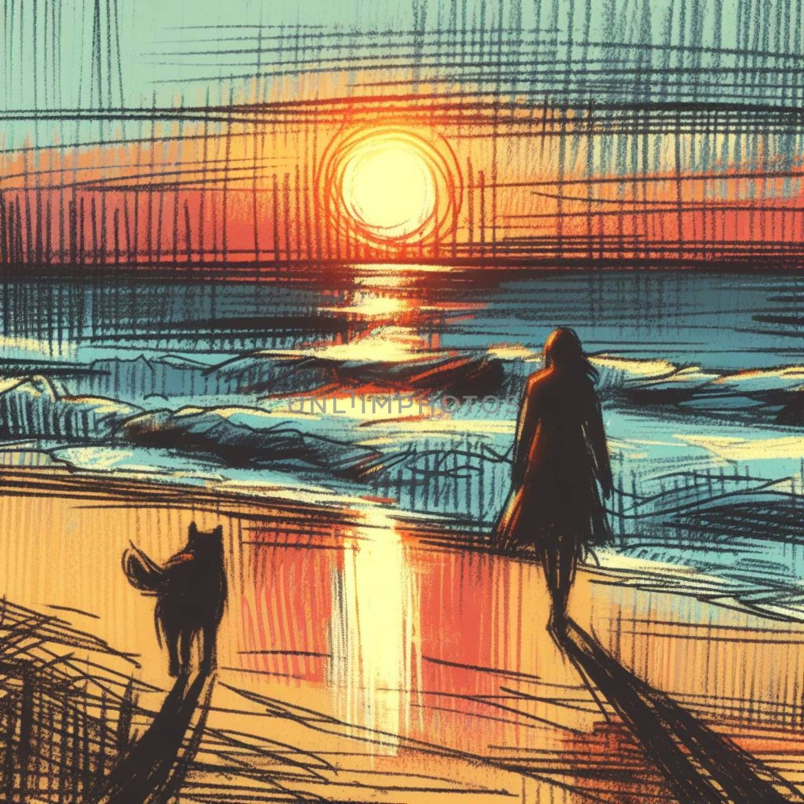 A woman and her dog are walking on the beach at sunset. The sky is orange and the sun is setting
