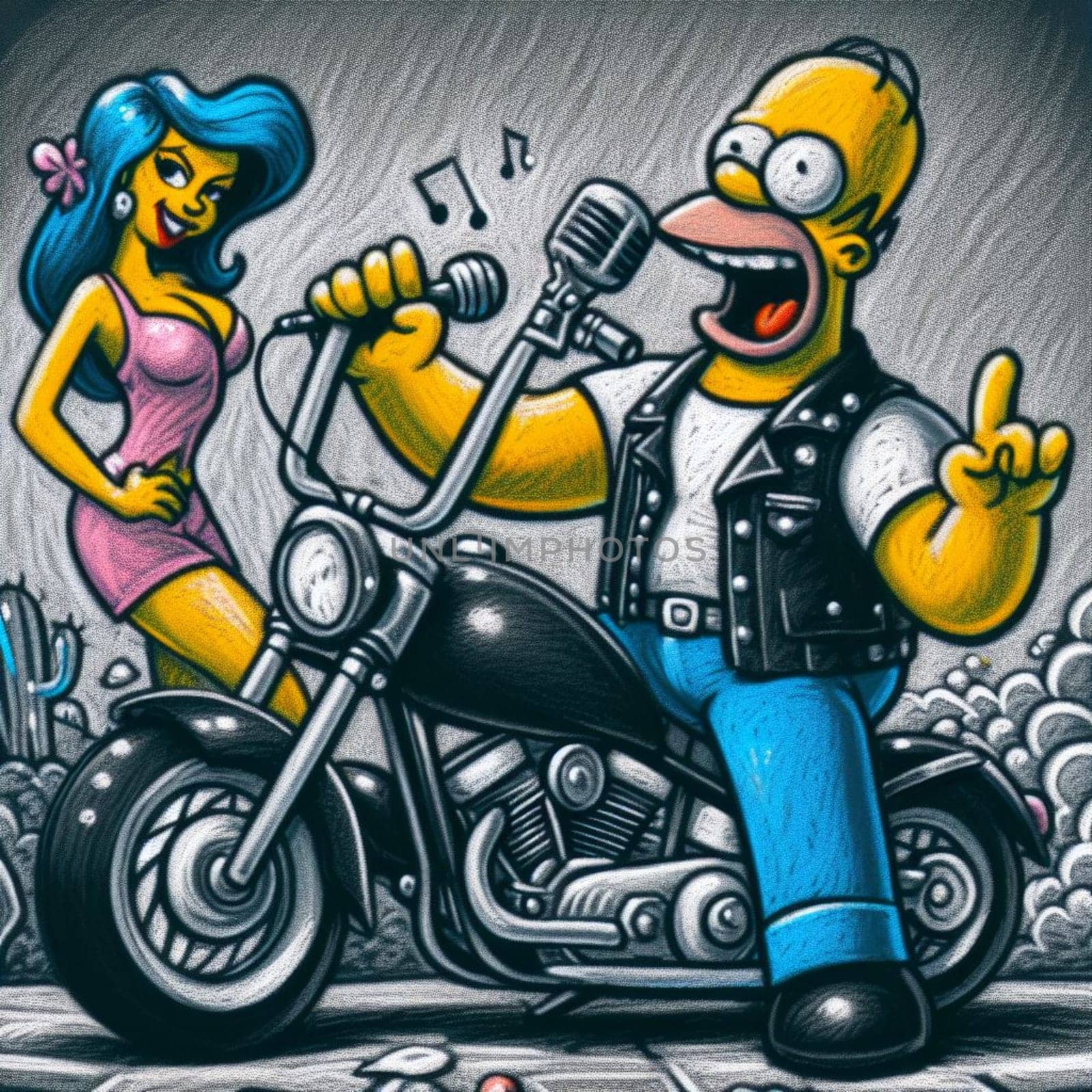 Vibrant illustration featuring a cartoon biker serenading with a microphone while a retro pin-up girl dances in the background