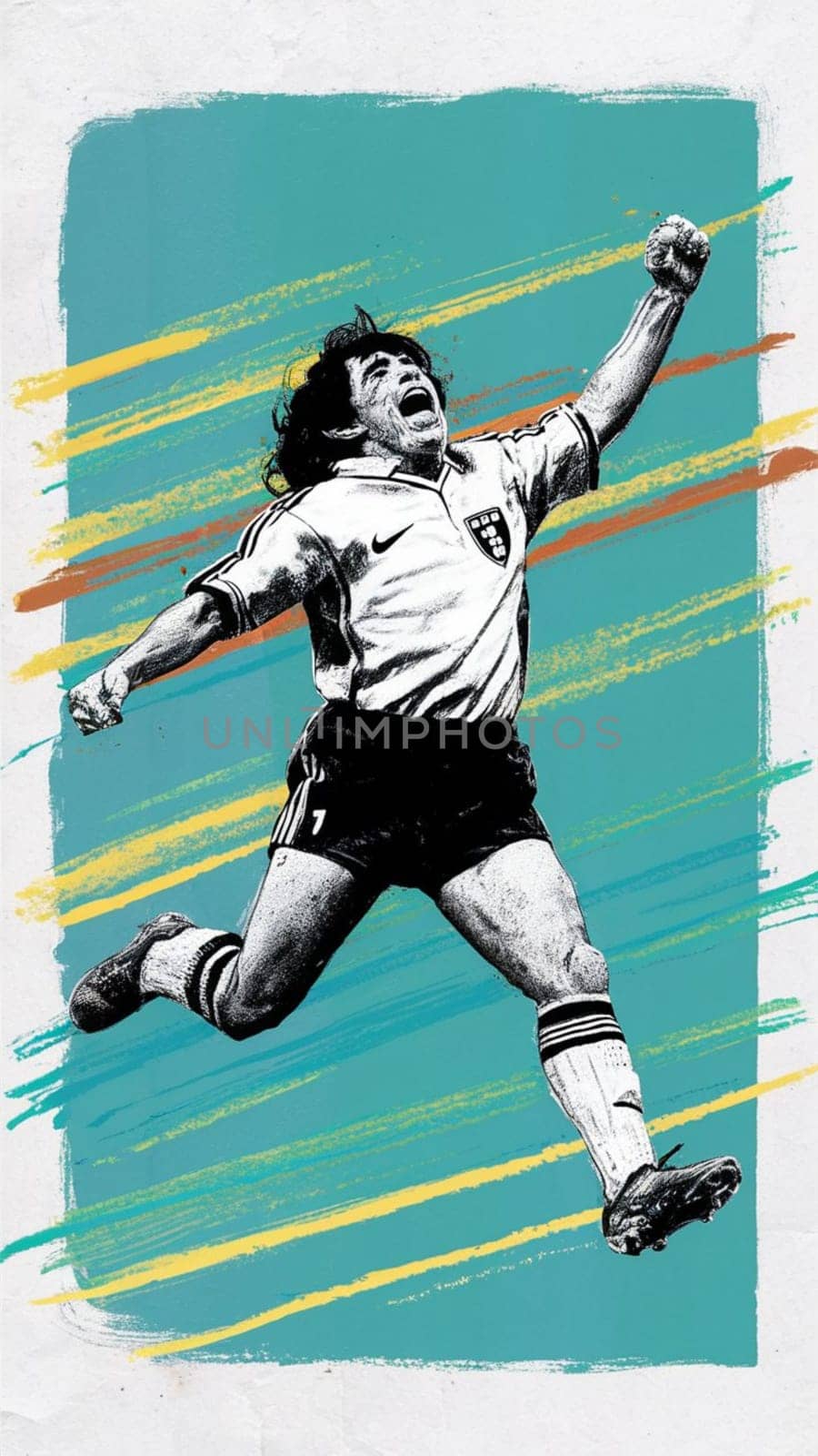 Artistic illustration of a soccer player in vintage style celebrating a victory on a textured background