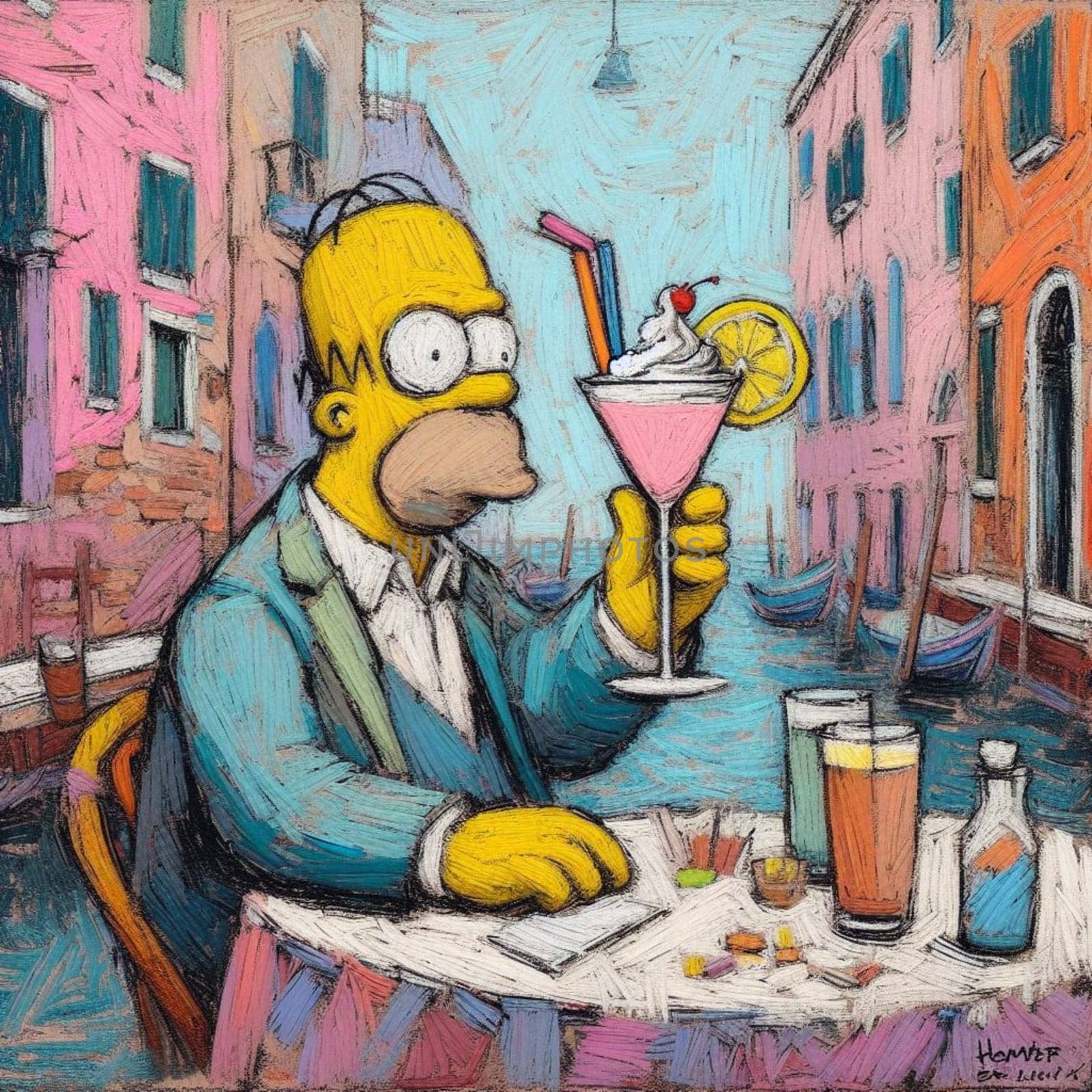 Homer simpson portrayed in an artistic image savoring a drink in venice