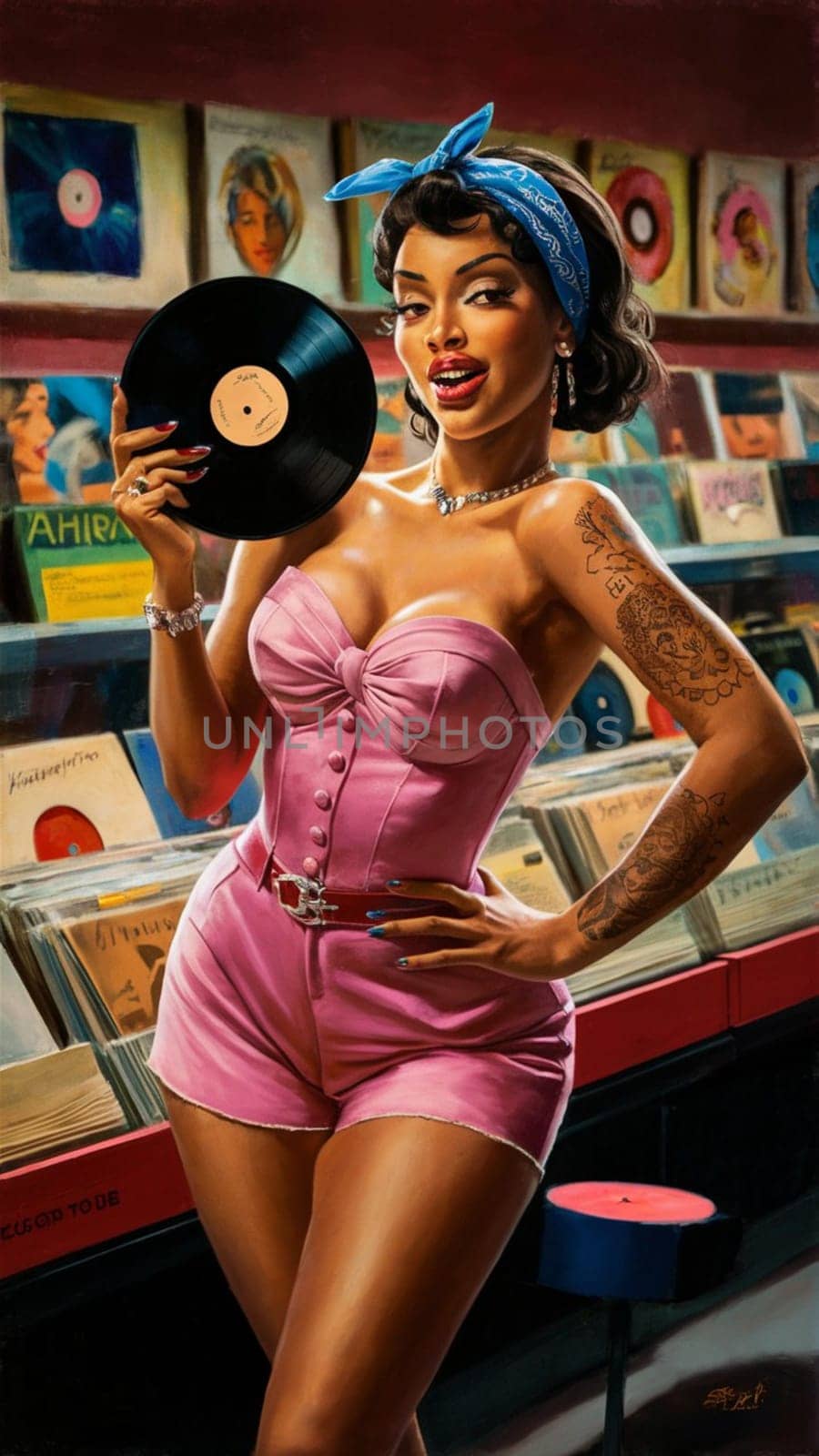 Vintage-inspired artwork featuring a pin-up model posing with a classic vinyl lp in a record store