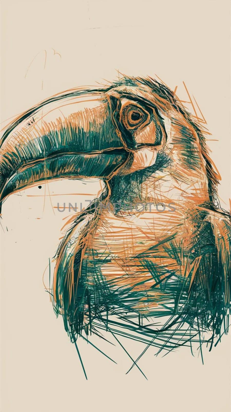 Artistic line drawing of a toucan in dynamic scribble style on a beige background
