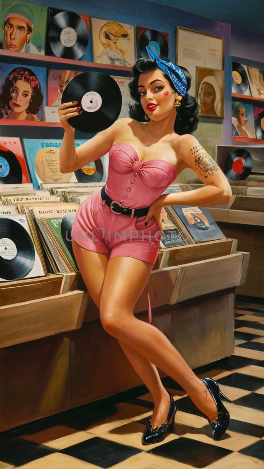 Vintage-inspired pin-up girl holding a vinyl record in a nostalgic music shop setting