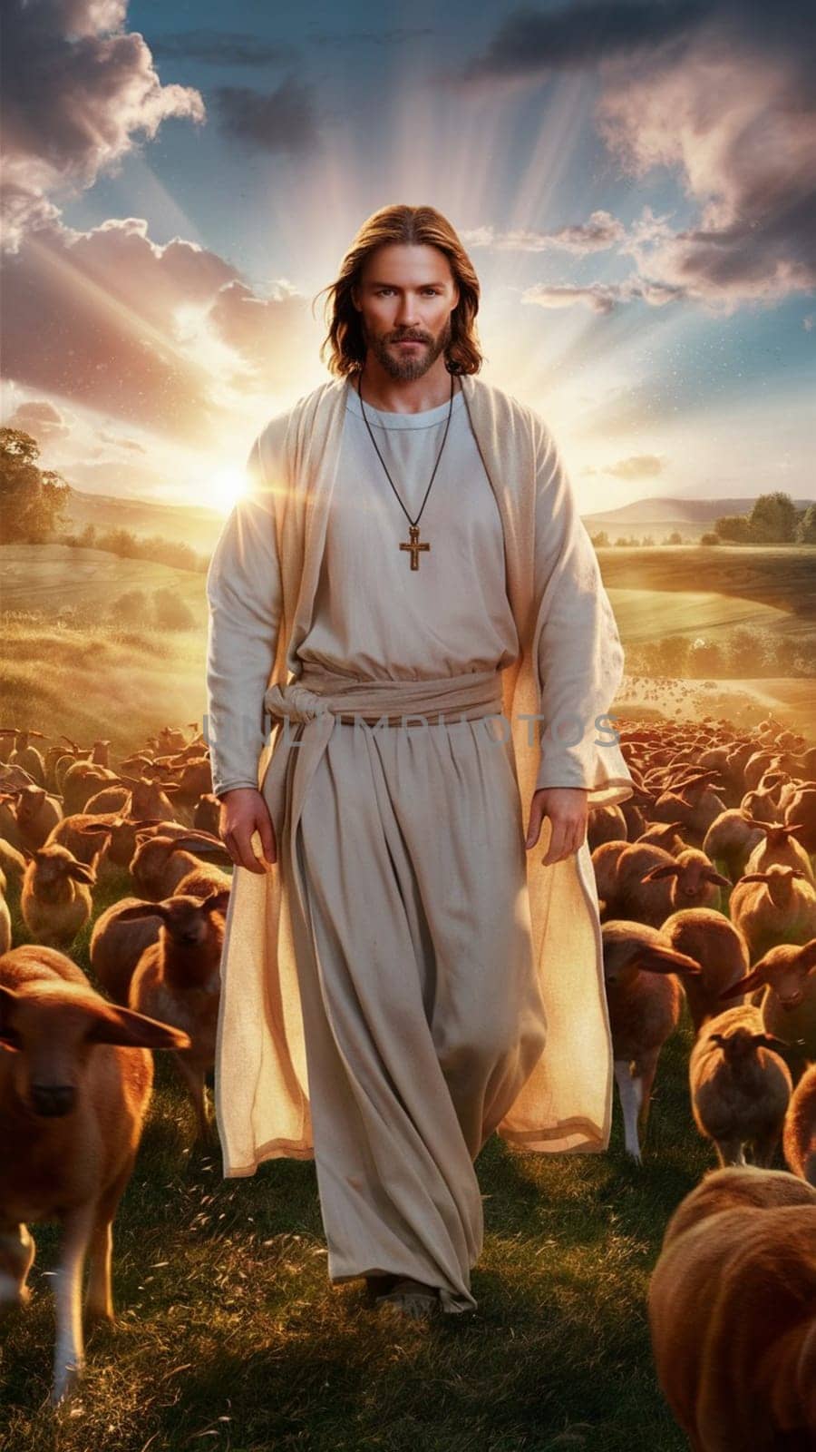 Serene image depicting a shepherd with sheep in a pastoral scene during golden hour