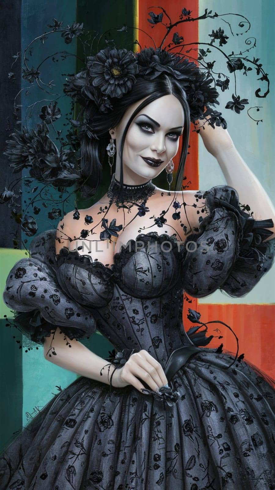 Illustrated gothic lady in a lavish dress poses with a vibrant artistic background