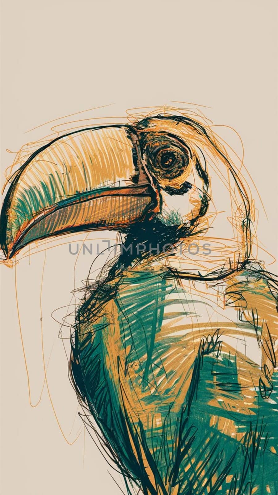 Artistic rendering of a toucan in vibrant scribble style with a minimalist tan backdrop