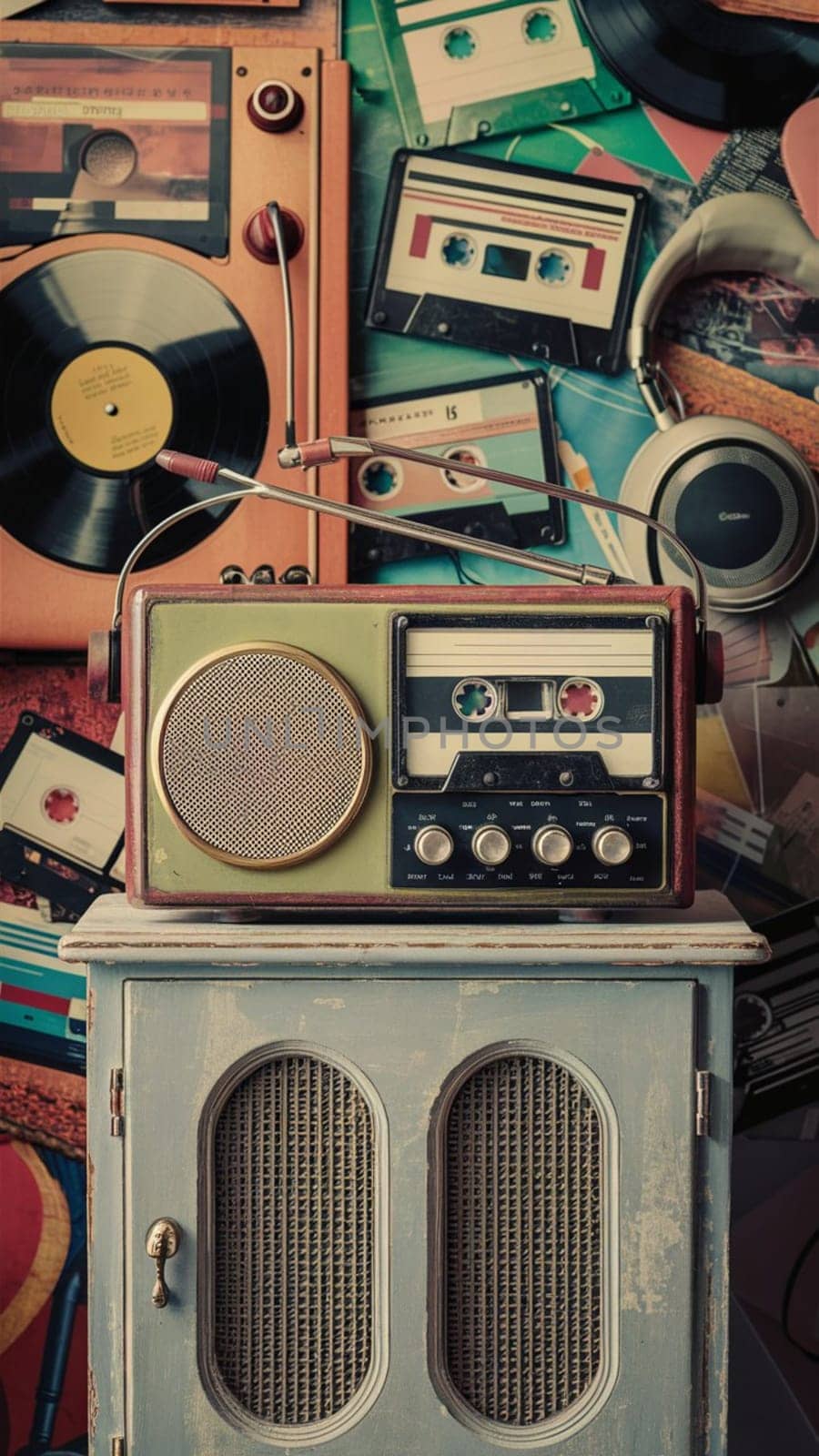 Nostalgic still life of classic entertainment with a vintage radio on a cabinet, surrounded by an eclectic collection of vinyl records and old cassette tapes, evoking retro music memories