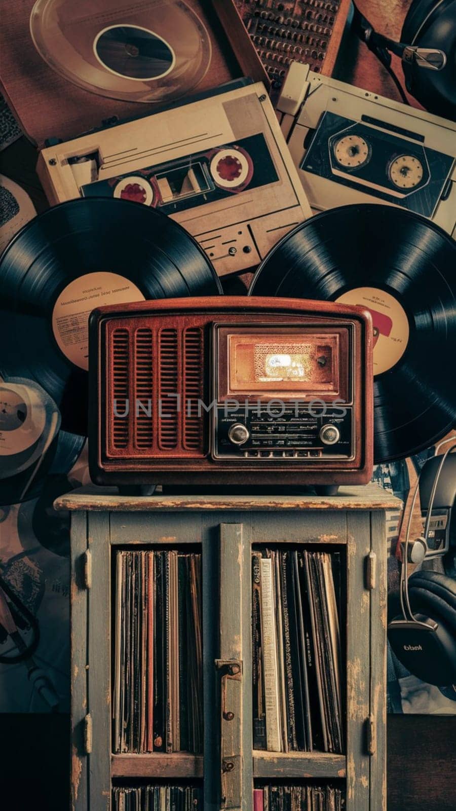Antique radio sits atop a wooden cabinet filled with classic vinyl records, surrounded by music nostalgia including tapes, a record player, and headphones, evoking memories of the past