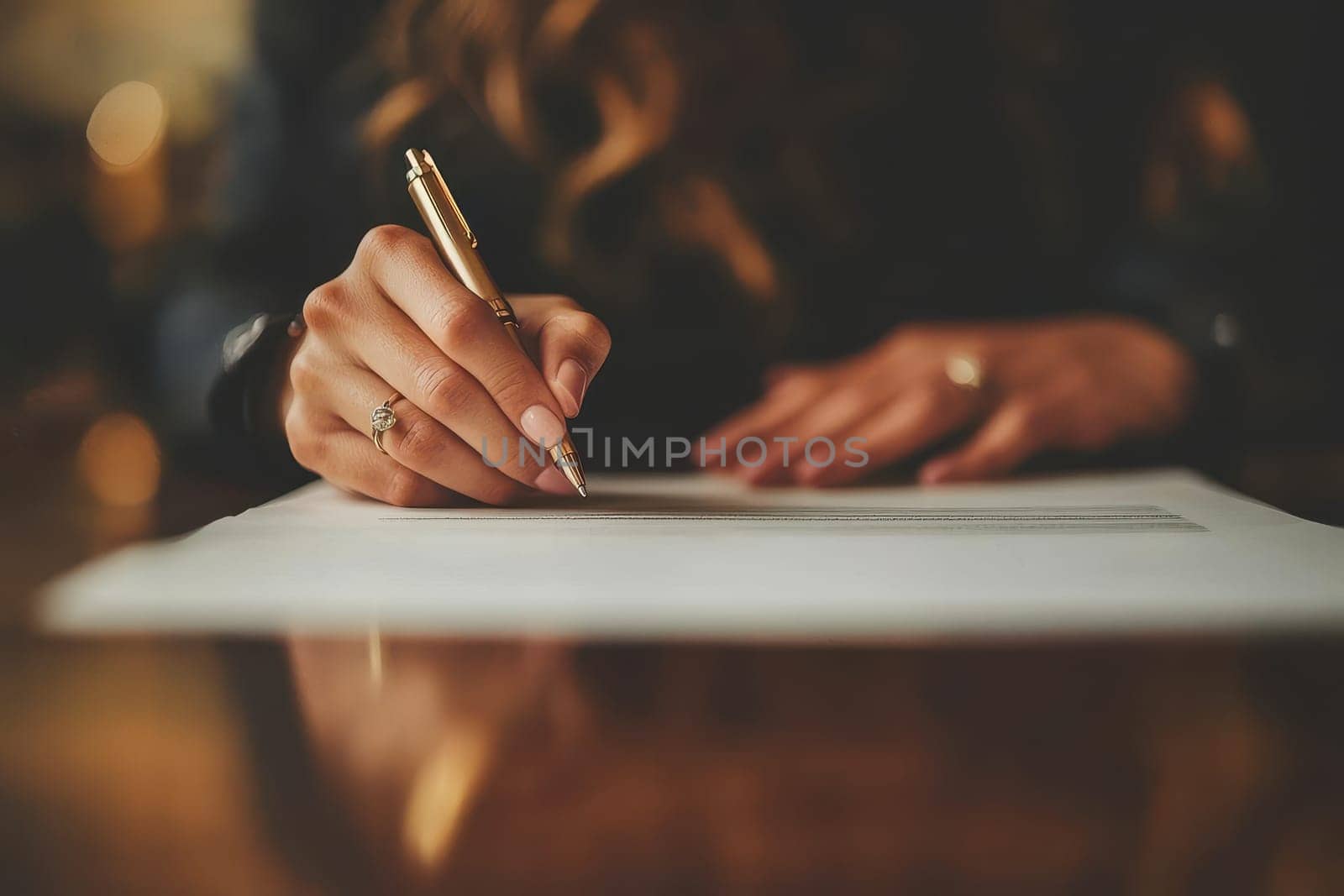 A woman is writing with a pen on a piece of paper. The pen is gold and the woman's hand is holding it. Concept of focus and determination as the woman writes