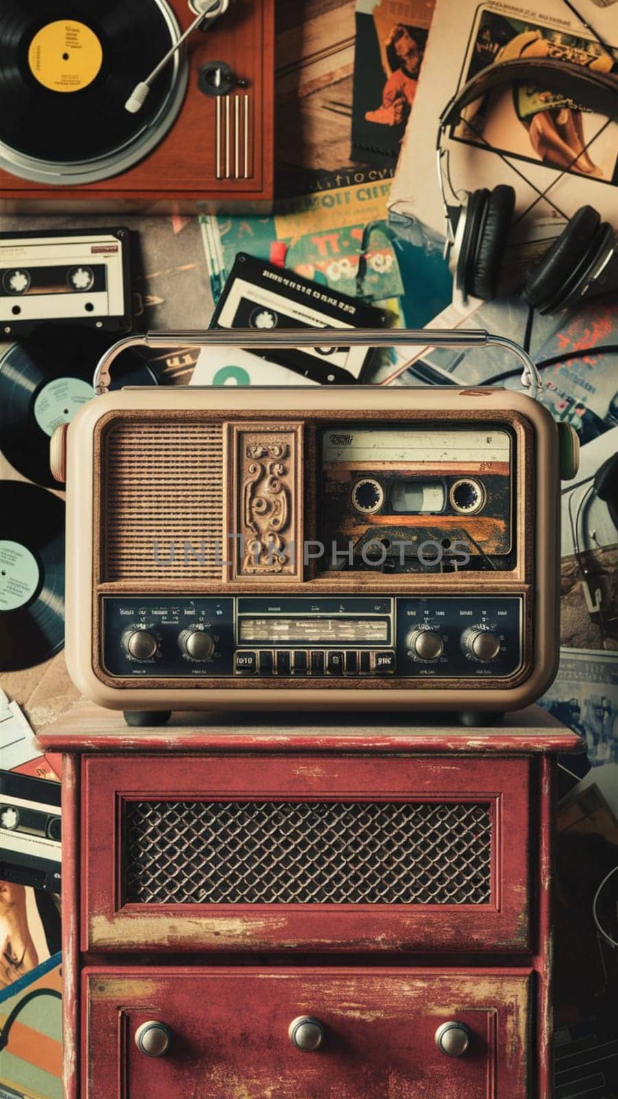 Nostalgic collection of vintage audio equipment, including a classic radio, vinyl records, old photographs, and headphones, evoking the charm of bygone musical eras