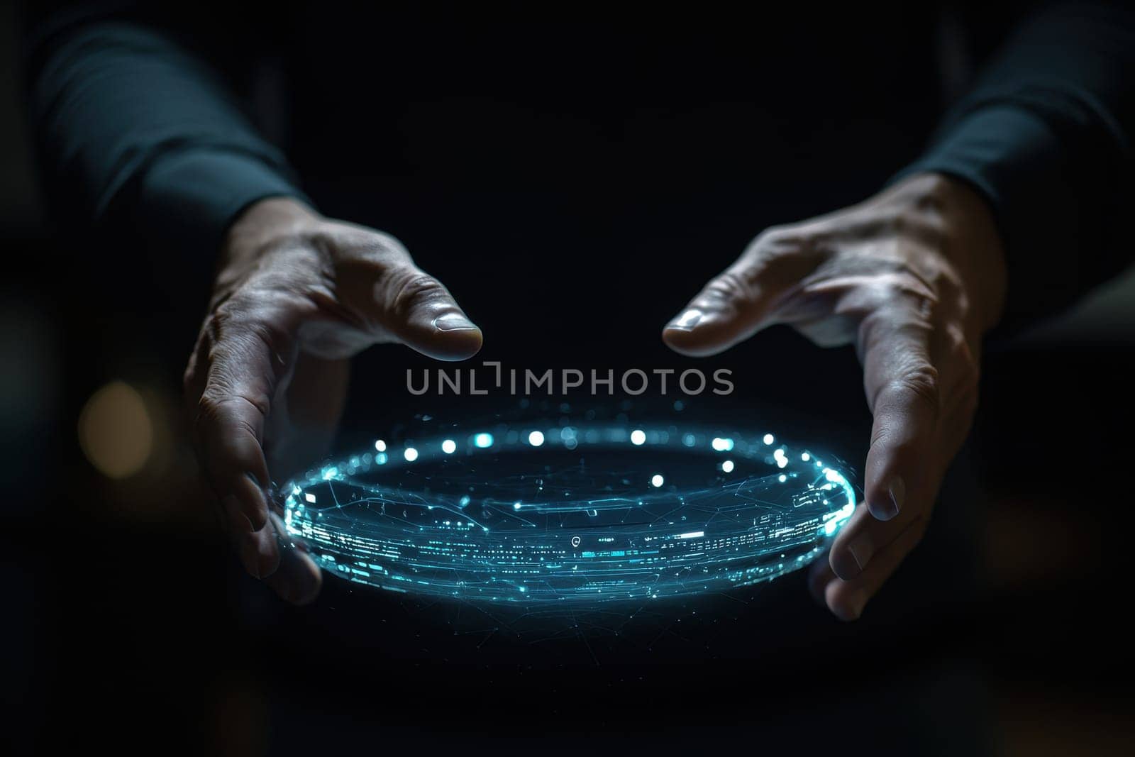 A person is holding a blue circle in their hands. The circle is glowing and he is a hologram. Concept of wonder and fascination with the technology that allows for such a display