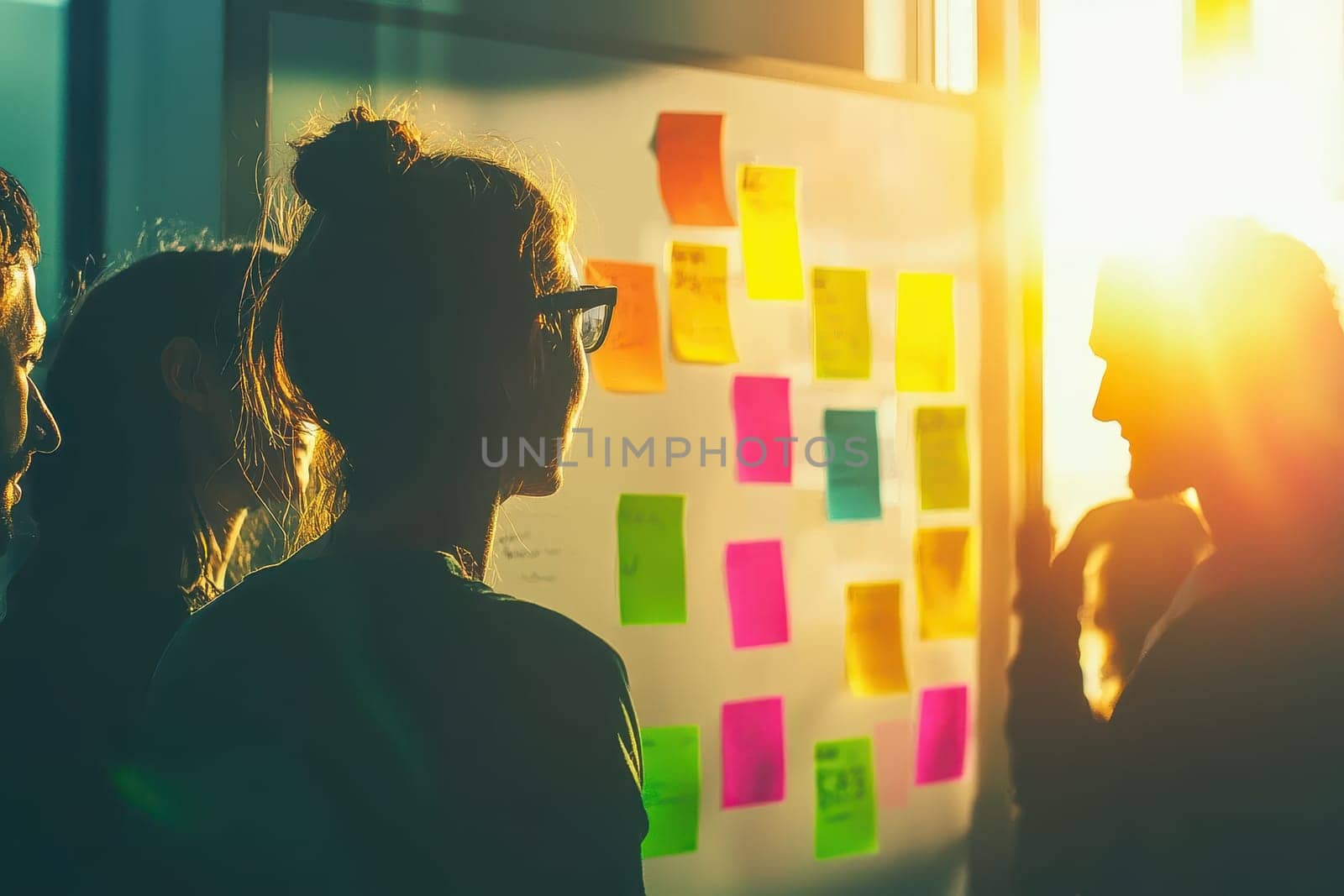 A woman is looking at a white board with colorful sticky notes on it. The board has a variety of different colors and shapes, and the woman is focused on it. Scene is one of concentration