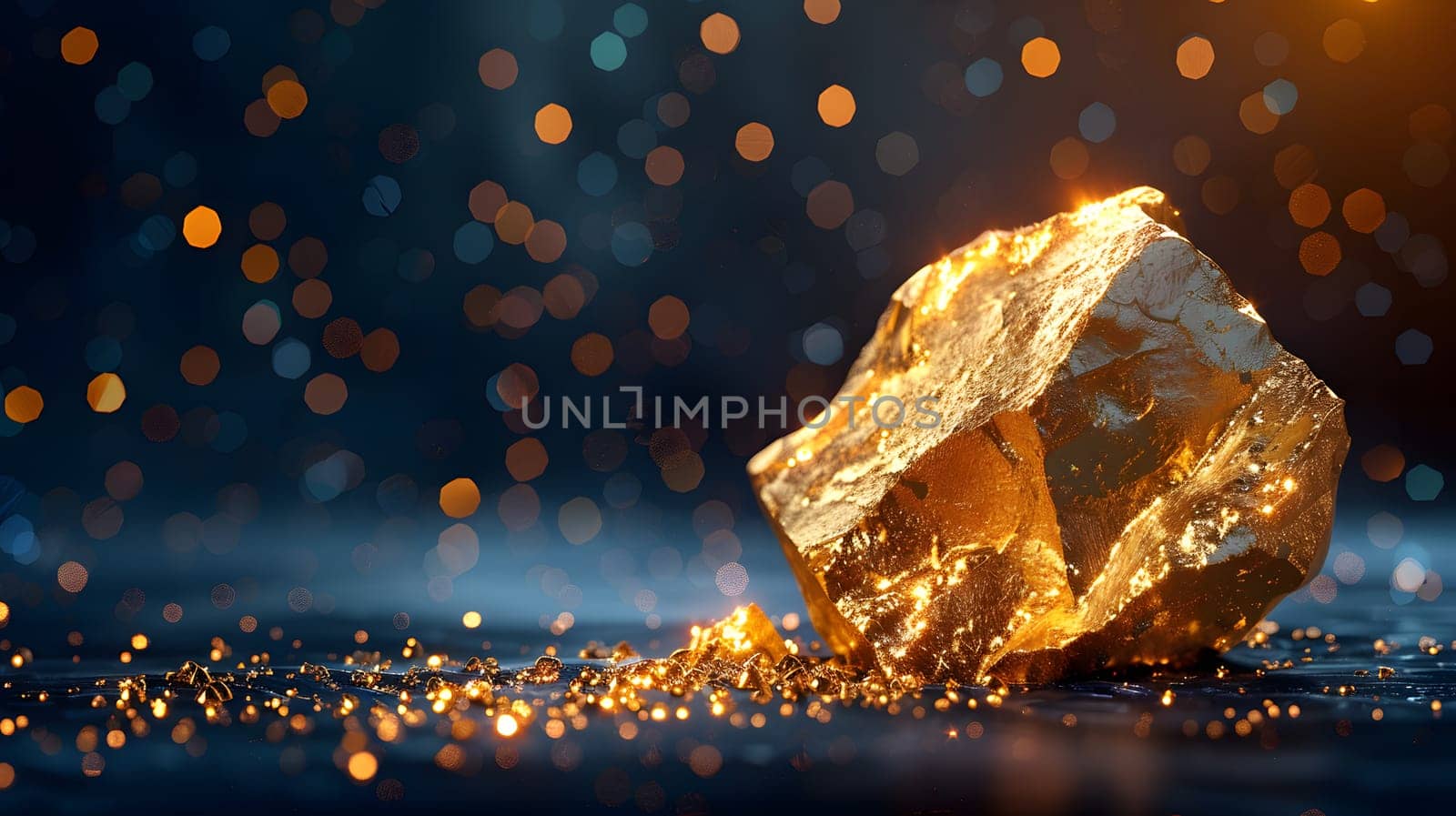 A large piece of amber, resembling liquid gold, is placed on a wooden table. The orange sky reflects its warm glow, creating a mesmerizing geological phenomenon in the landscape