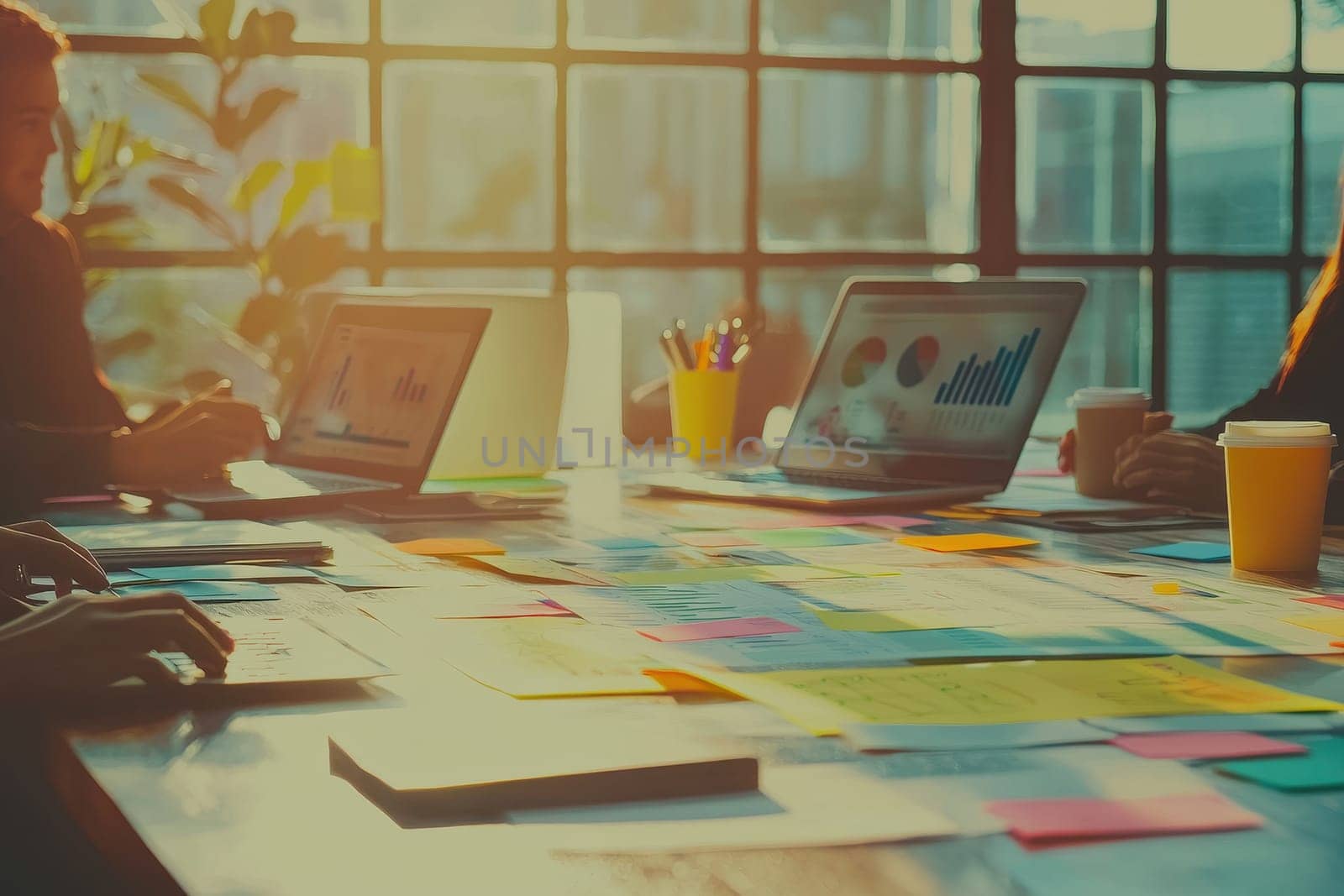 A group of people are sitting at a table with laptops and papers. The table is covered with sticky notes and graphs. Scene is focused and productive