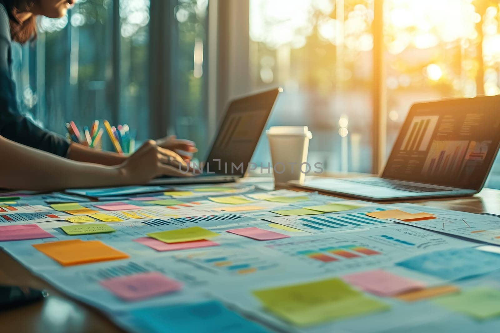 A woman is working on a laptop in front of a table with a lot of colorful sticky notes