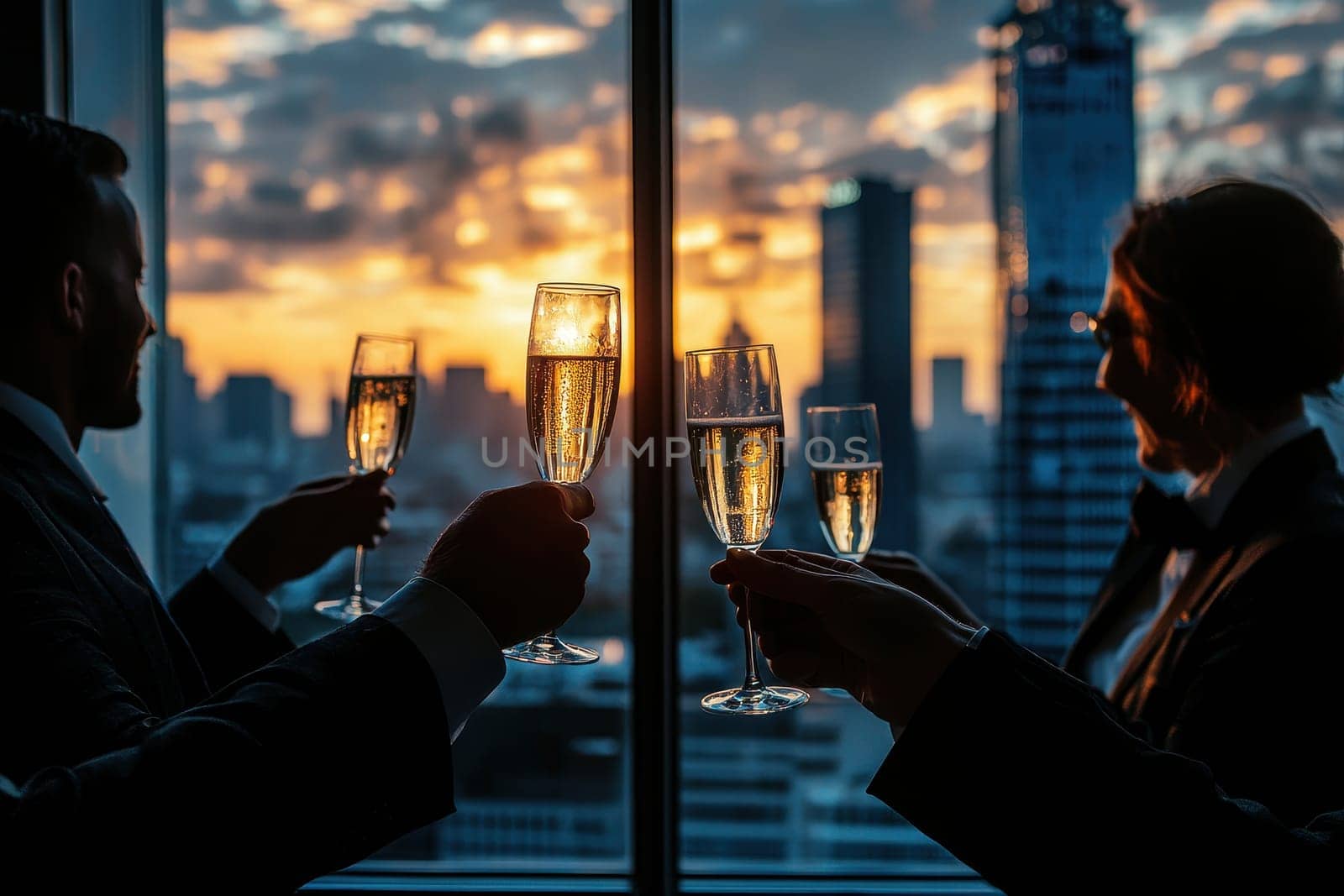 A man and woman are holding up their wine glasses in a city view. Scene is celebratory and happy