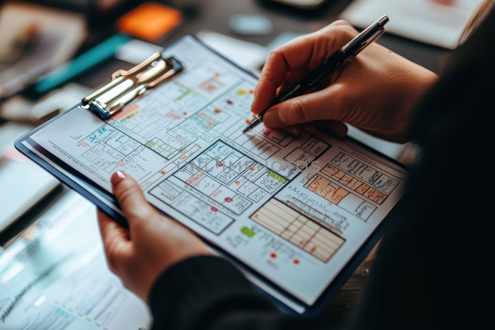 A person is writing on a blue clipboard with a pen. The clipboard has a drawing of a building on it. The person is using the clipboard to plan or sketch out ideas for the building